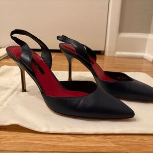 Carolina Herrera Navy Blue Leather Slingback Pointed Heels with Red Insole